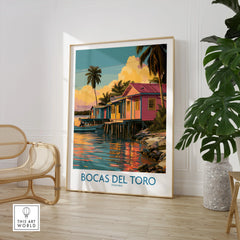 Bocas del Toro Panama travel poster with colorful stilt houses, palm trees, and sunset reflections on water