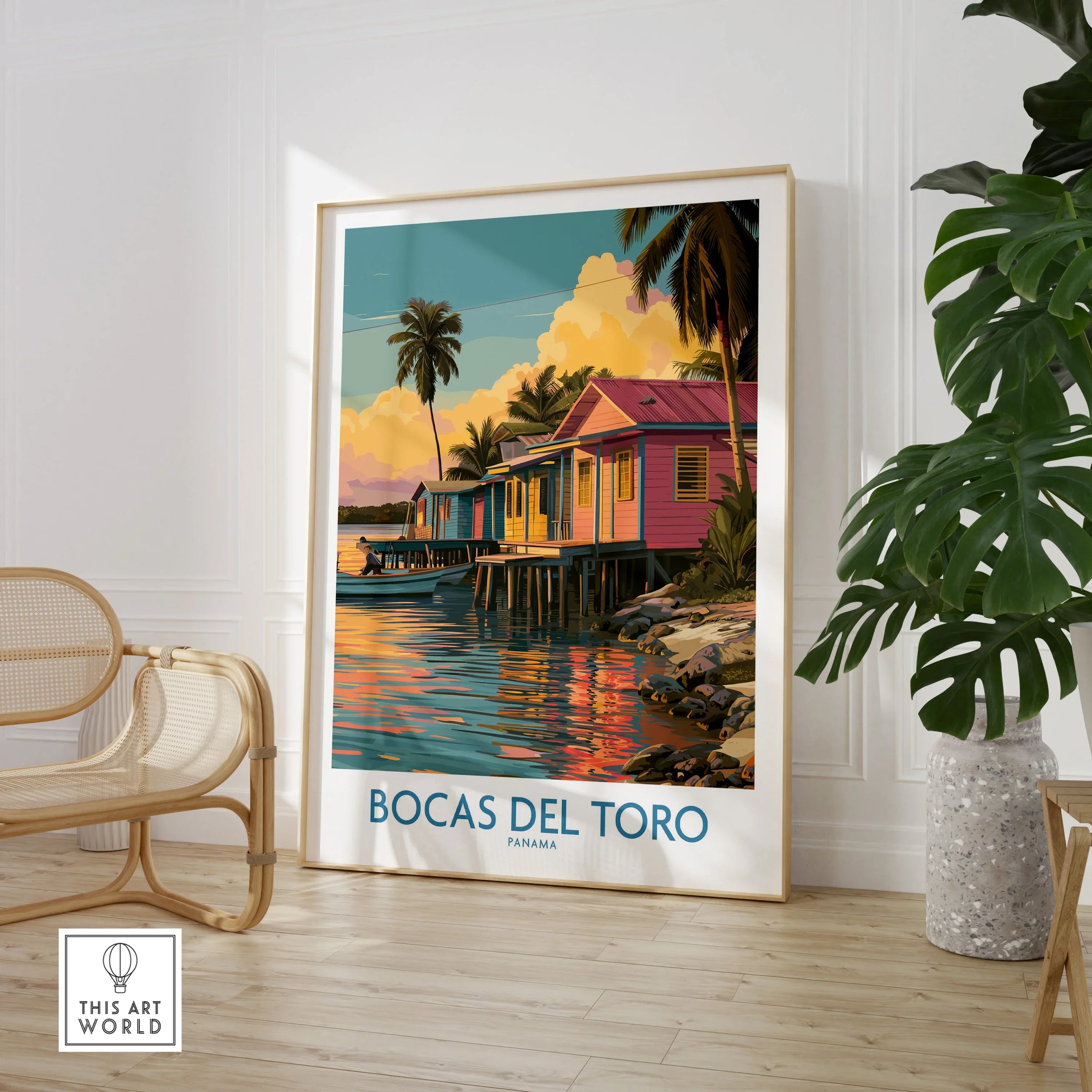 Bocas del Toro Panama travel poster with colorful stilt houses, palm trees, and sunset reflections on water