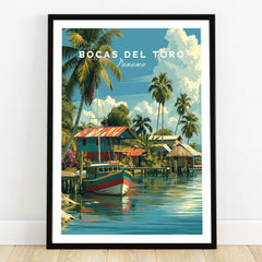 Bocas del Toro Panama travel poster with colorful boats, palm trees, and waterfront houses