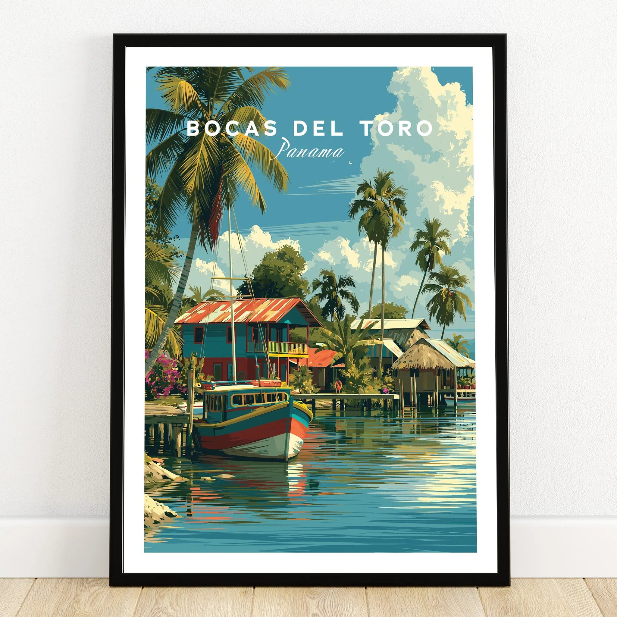Bocas del Toro Panama travel poster with colorful boats, palm trees, and waterfront houses