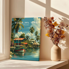 Bocas del Toro Panama travel poster with tropical palm trees, colorful boats, and waterfront houses, perfect for wall art decor.