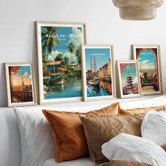 Travel posters of Paris, Bocas del Toro, Copenhagen, Tokyo, and Barcelona for home decor