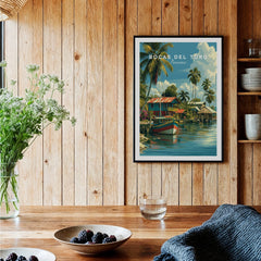 Bocas del Toro Panama travel poster with colorful boats, palm trees, and waterfront houses on wooden wall