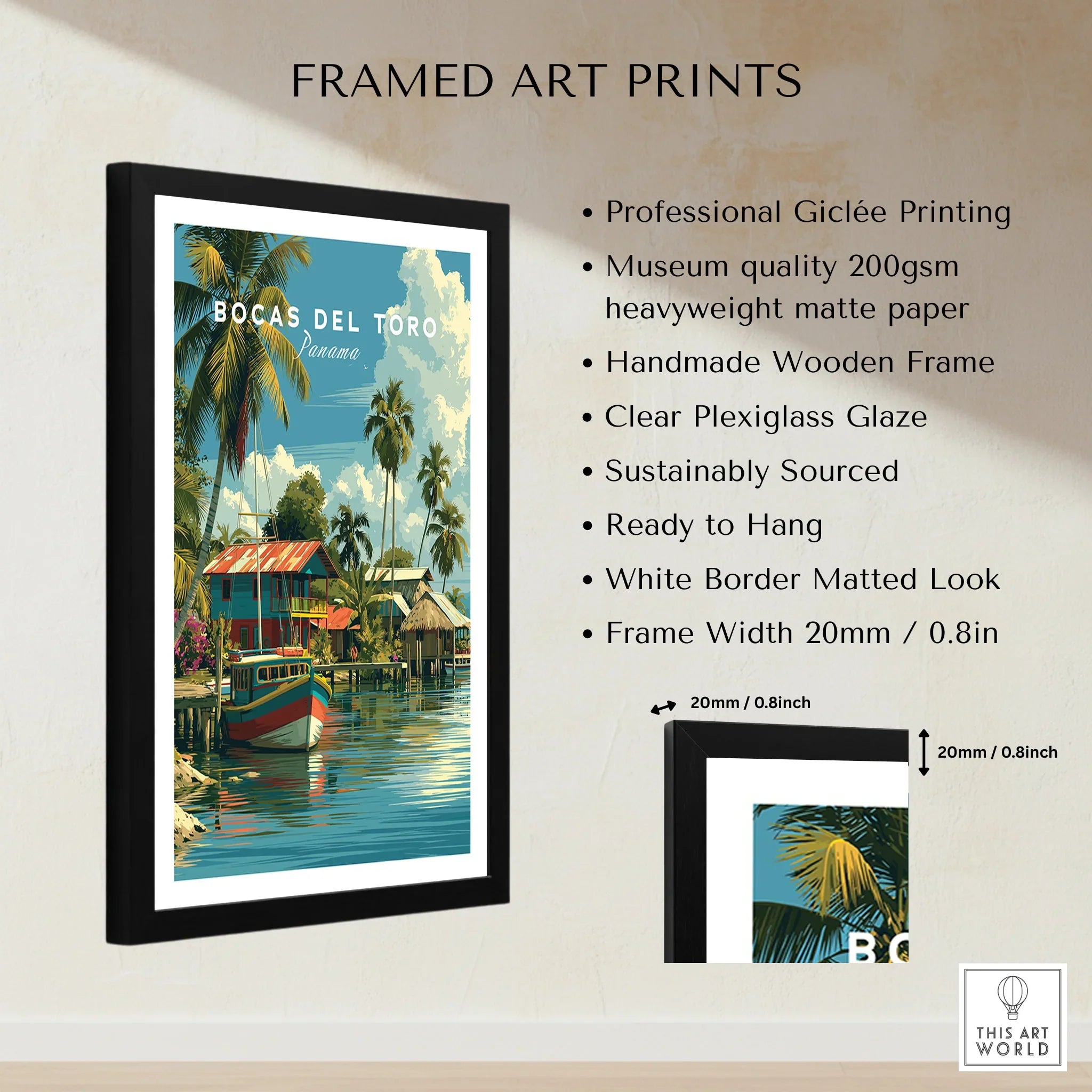Bocas del Toro Panama travel poster in black frame, tropical palm trees, colorful boat, waterfront village art print
