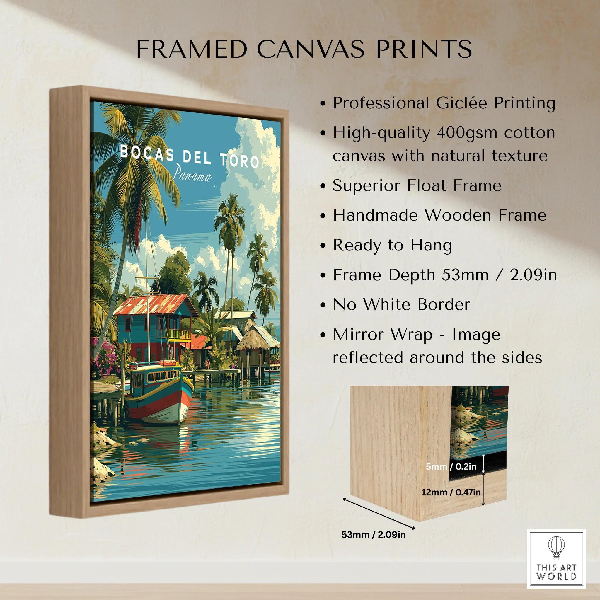 Bocas del Toro Panama travel poster with palm trees, colorful boats, and waterfront houses in a wooden frame