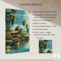 Bocas del Toro Panama travel poster canvas print with palm trees, colorful boats, and tropical waterfront homes