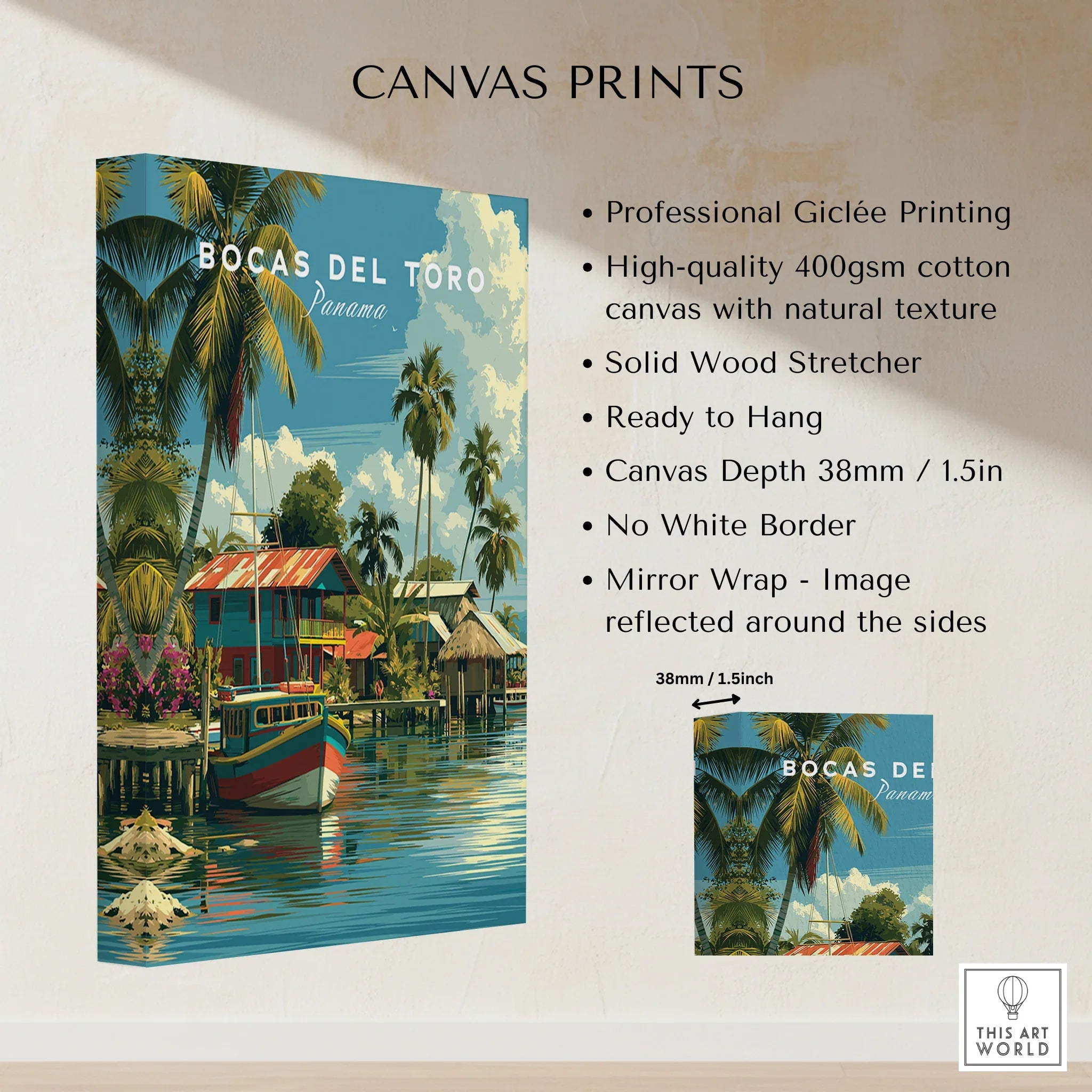 Bocas del Toro Panama travel poster canvas print with palm trees, colorful boats, and tropical waterfront homes