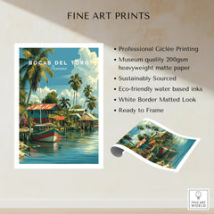 Bocas del Toro Panama travel poster with colorful boats, palm trees, and waterfront houses