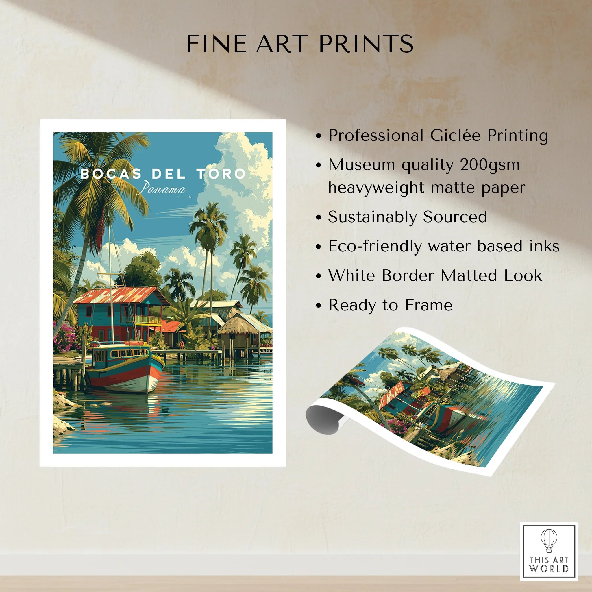 Bocas del Toro Panama travel poster with colorful boats, palm trees, and waterfront houses
