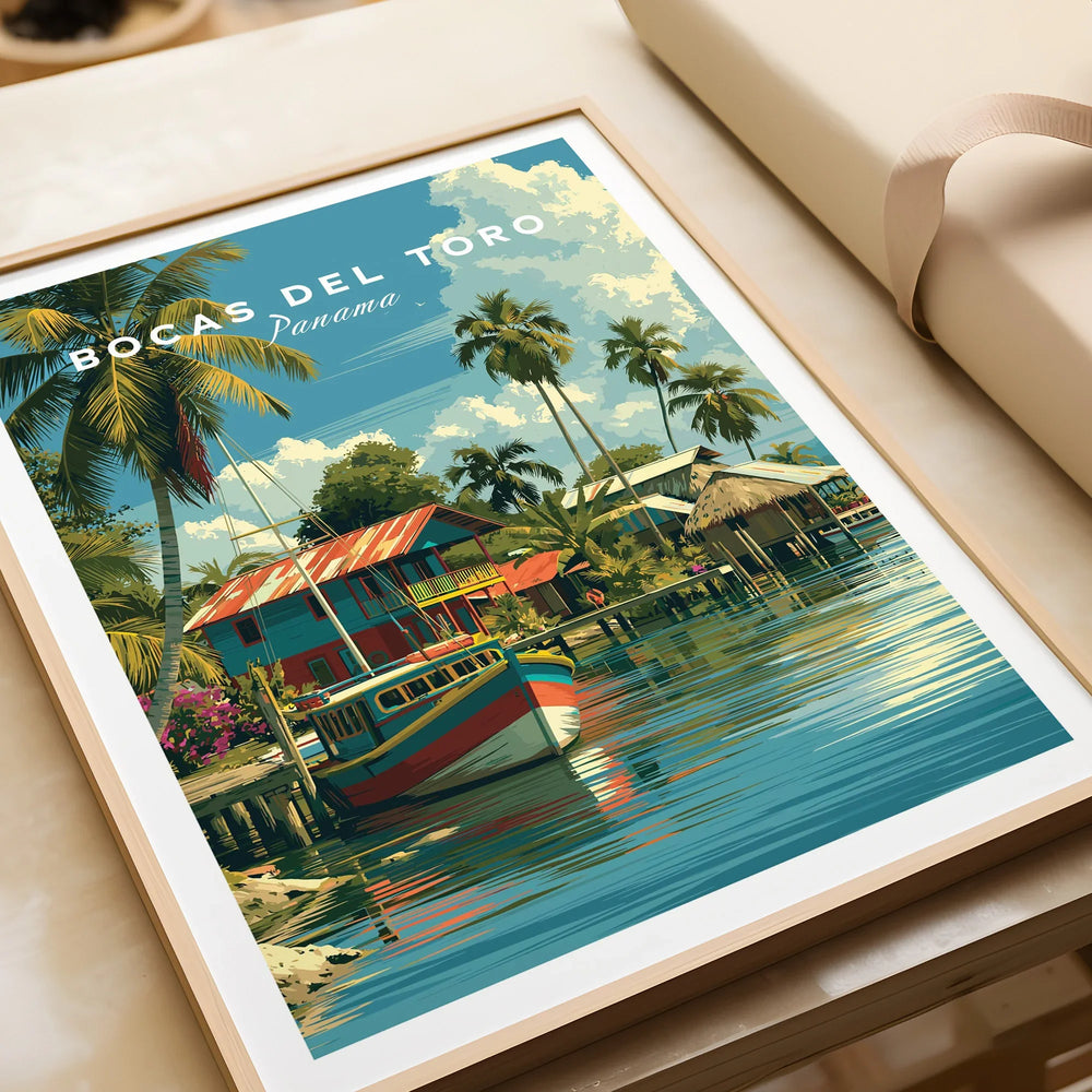 Bocas del Toro Panama travel poster with tropical palm trees, colorful boats, and waterfront cabins for wall art decor