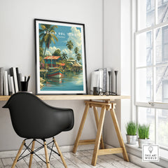 Bocas del Toro Panama travel poster with tropical palm trees, colorful boats, and waterfront houses, perfect for wall art decor.