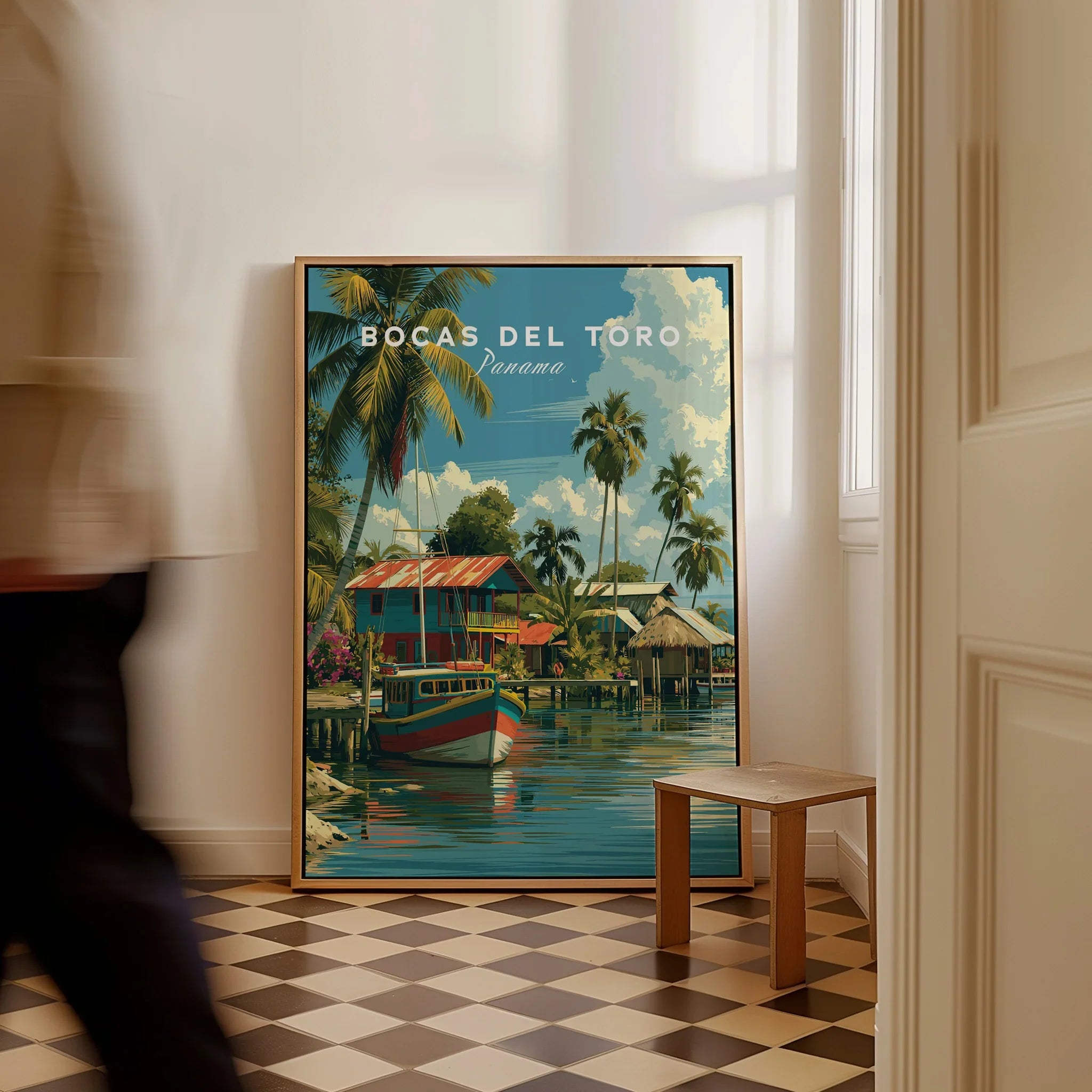 Bocas del Toro Panama travel poster with tropical palm trees, colorful boats, and waterfront houses, perfect for wall art decor.