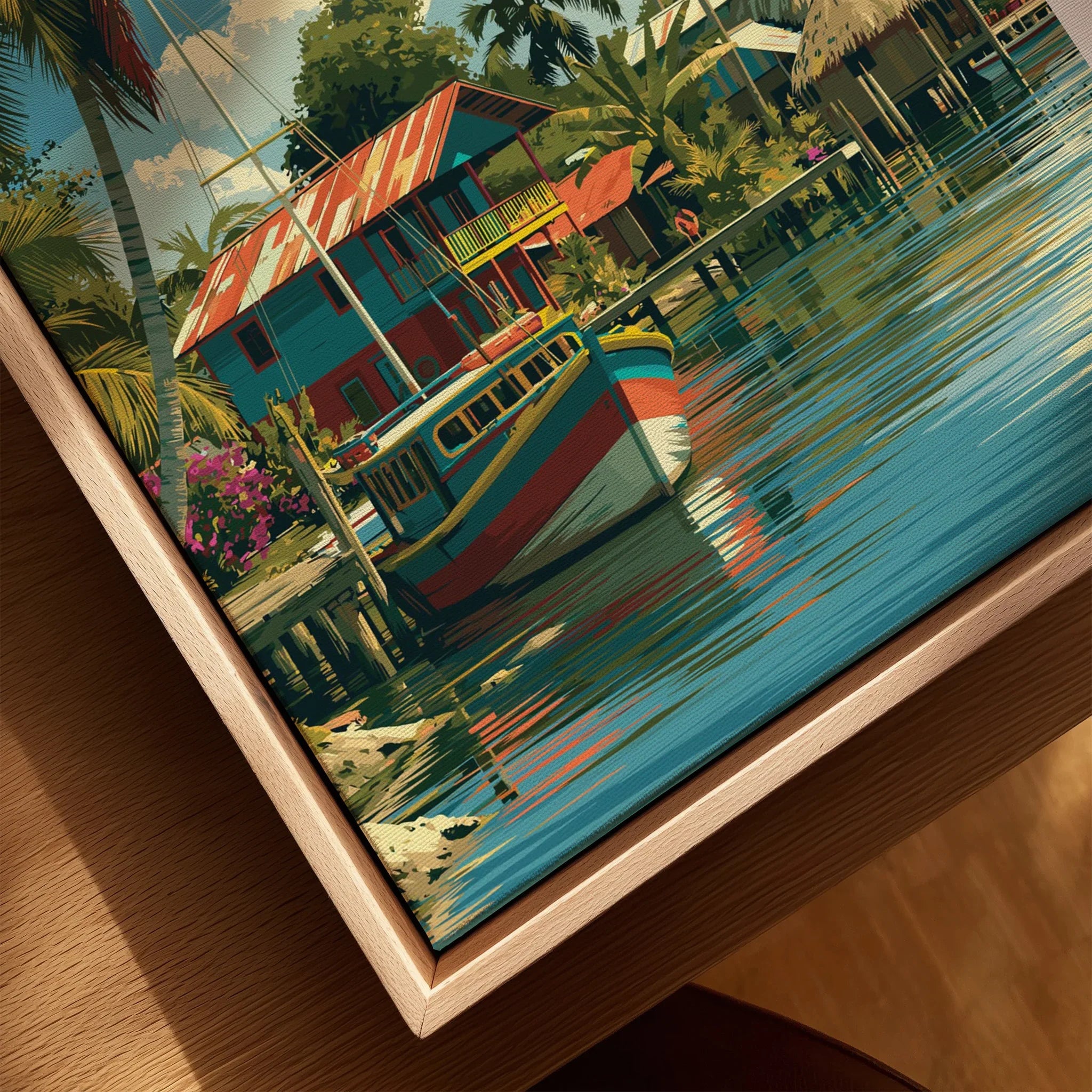Tropical waterfront art print with colorful boats and palm trees, perfect for travel-themed wall decor.