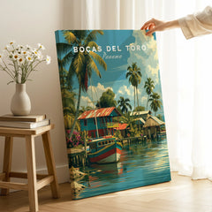 Bocas del Toro Panama travel poster with tropical palm trees, colorful houses, and boats on water