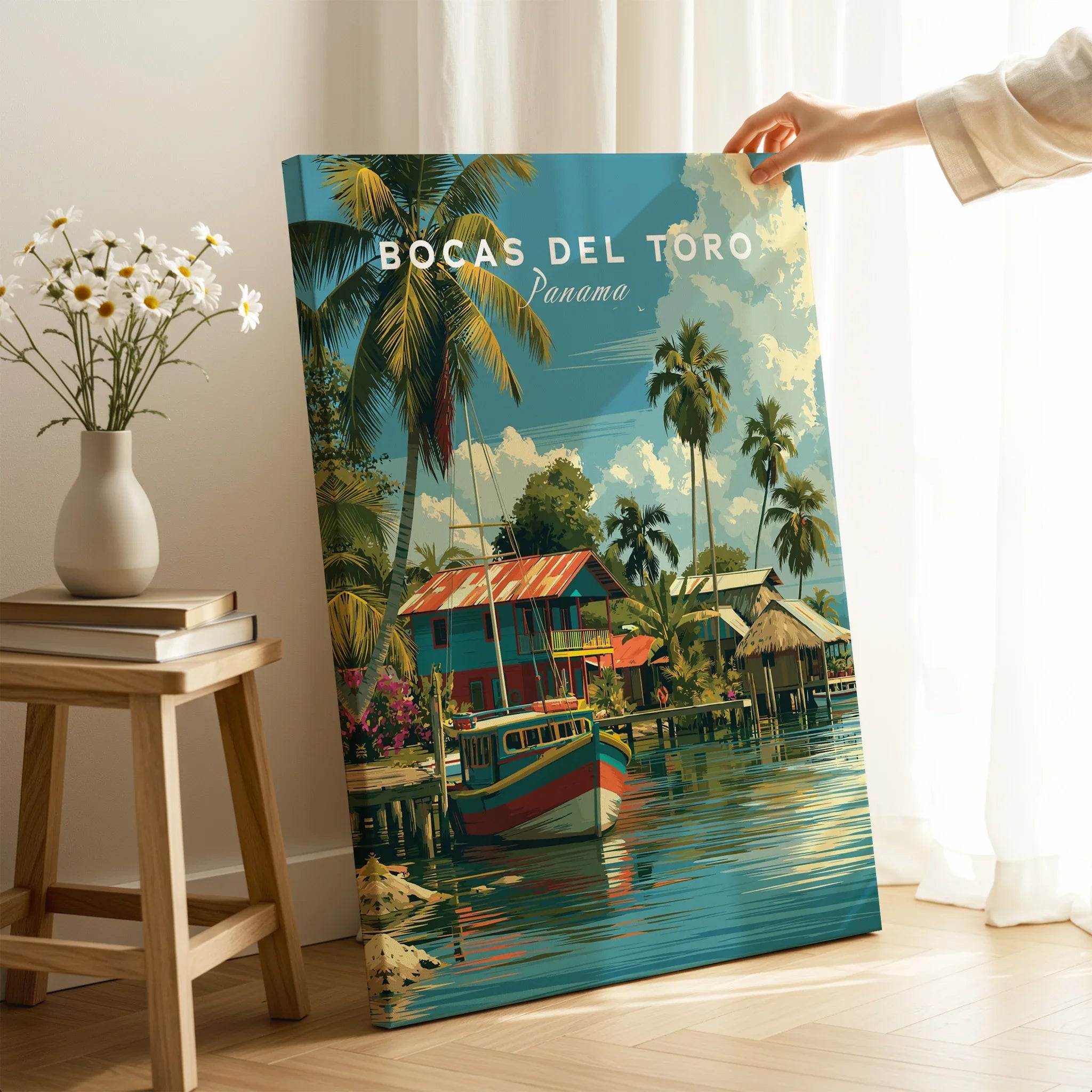 Bocas del Toro Panama travel poster with tropical palm trees, colorful houses, and boats on water