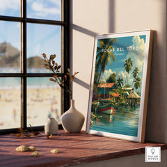 Bocas del Toro Panama travel poster with palm trees, colorful boats, and tropical waterfront homes