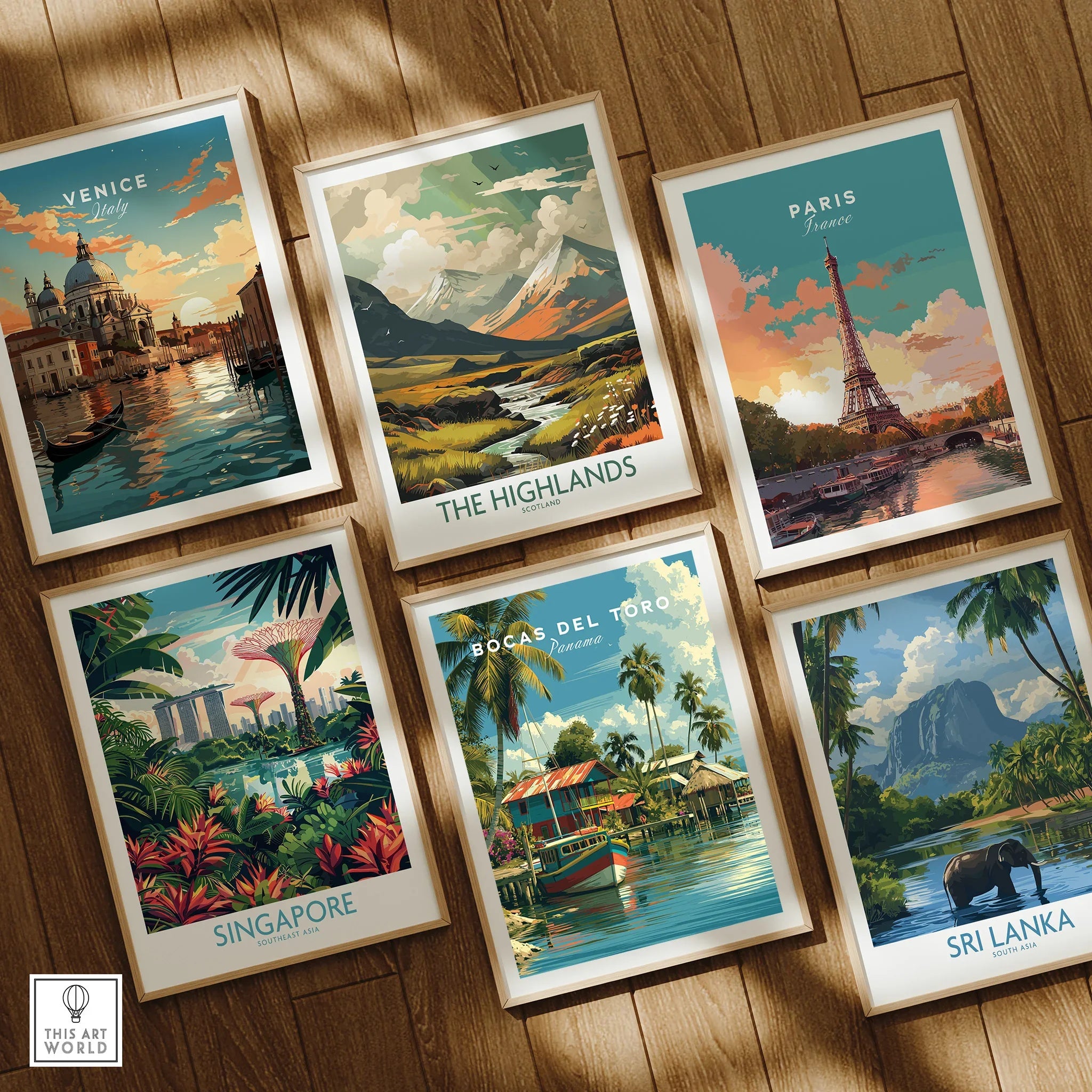 Travel posters featuring Venice, Paris, Singapore, and more for home decor