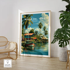 Bocas del Toro Panama travel poster with colorful boats, palm trees, and tropical homes for wall art decor
