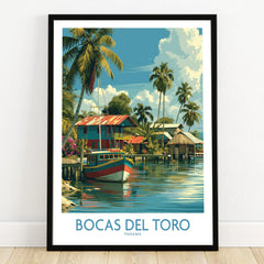 Bocas del Toro Panama travel poster with colorful boats, palm trees, and tropical houses by the water.