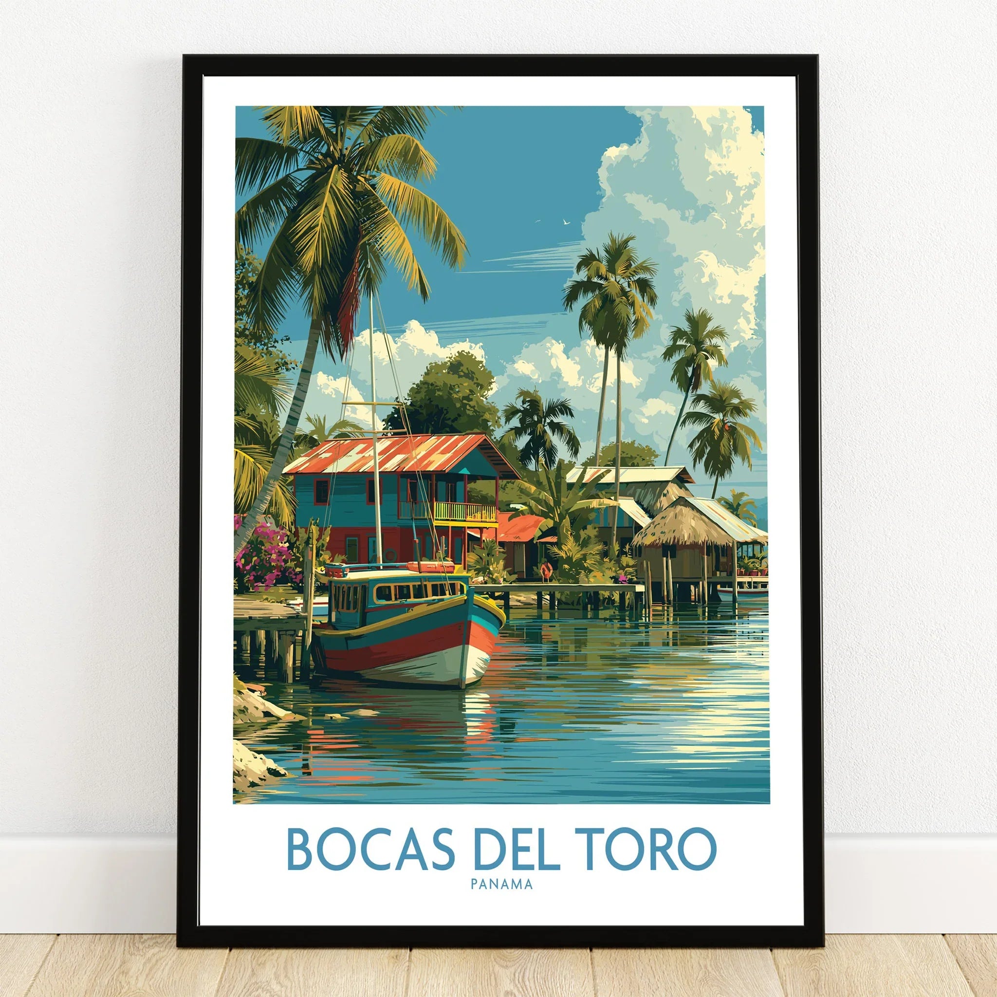 Bocas del Toro Panama travel poster with colorful boats, palm trees, and tropical houses by the water.