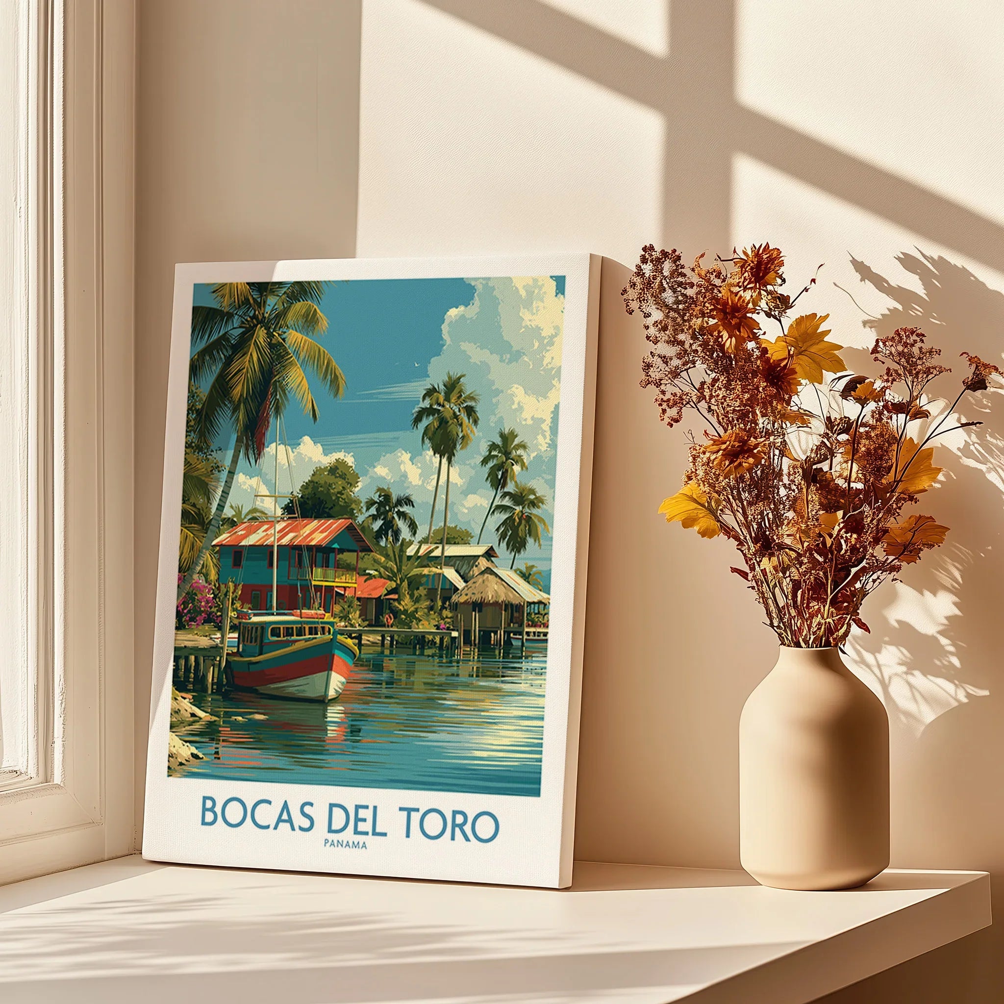 Bocas del Toro Panama travel poster with palm trees, colorful boats, and tropical waterfront scenery