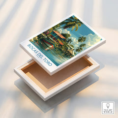 Bocas del Toro Panama travel poster with tropical palm trees and colorful waterfront houses