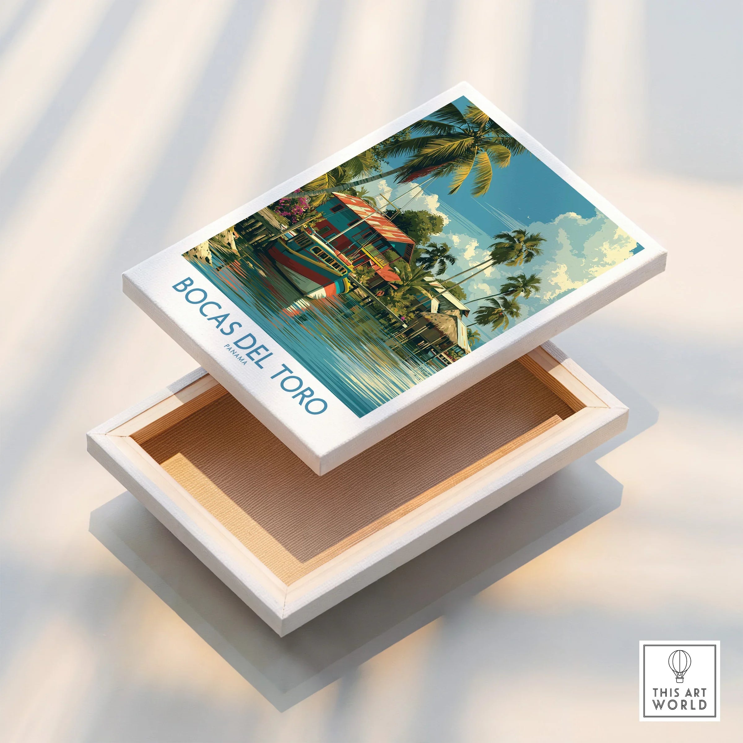 Bocas del Toro Panama travel poster with tropical palm trees and colorful waterfront houses