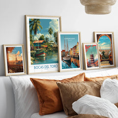 Travel posters of Paris, Bocas del Toro, Copenhagen, Tokyo, and Barcelona for home decor