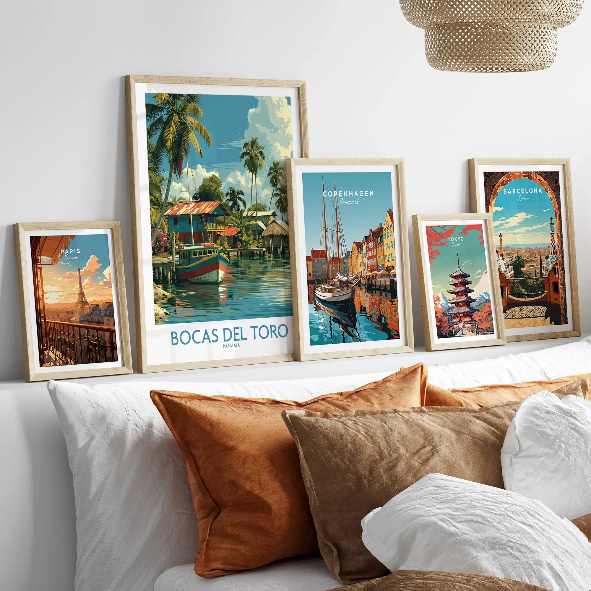 Travel posters of Paris, Bocas del Toro, Copenhagen, Tokyo, and Barcelona for home decor
