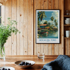 Bocas del Toro Panama travel poster with tropical beach houses, palm trees, and a colorful boat, perfect for wall art.