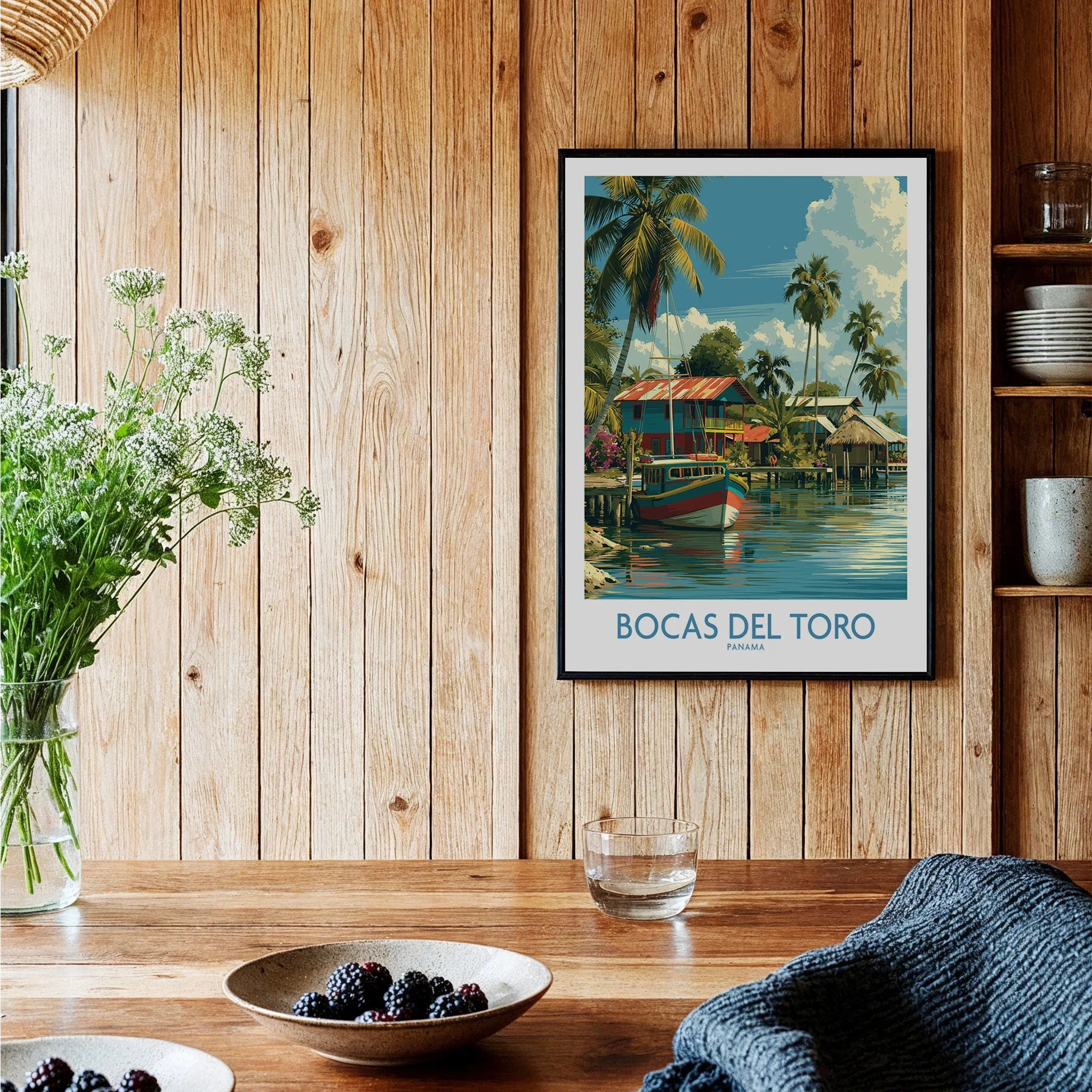 Bocas del Toro Panama travel poster with tropical beach houses, palm trees, and a colorful boat, perfect for wall art.