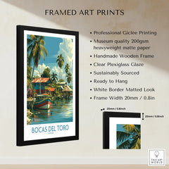 Bocas del Toro Panama travel poster print in black frame, tropical palm trees, colorful boats, wall art decor