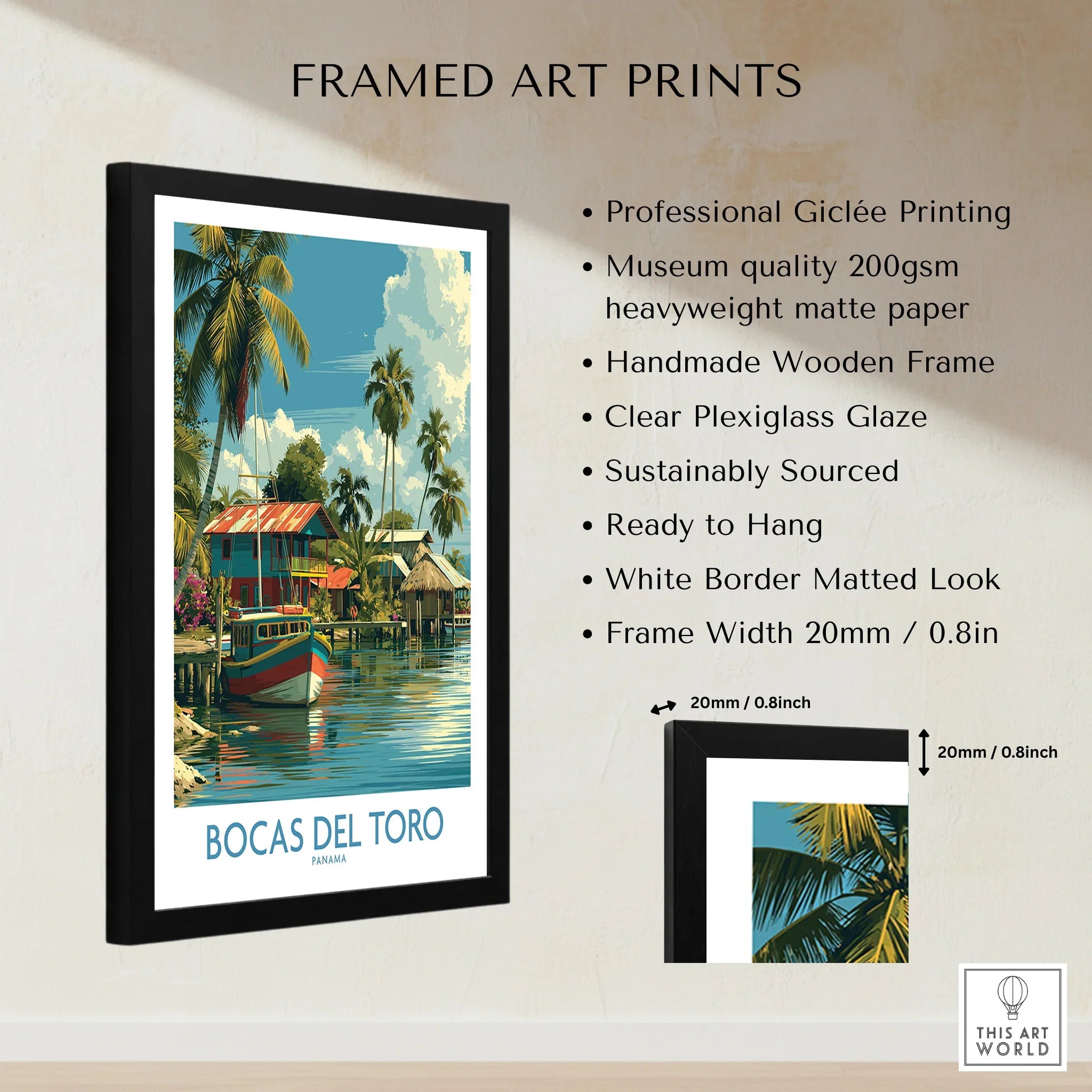 Bocas del Toro Panama travel poster print in black frame, tropical palm trees, colorful boats, wall art decor
