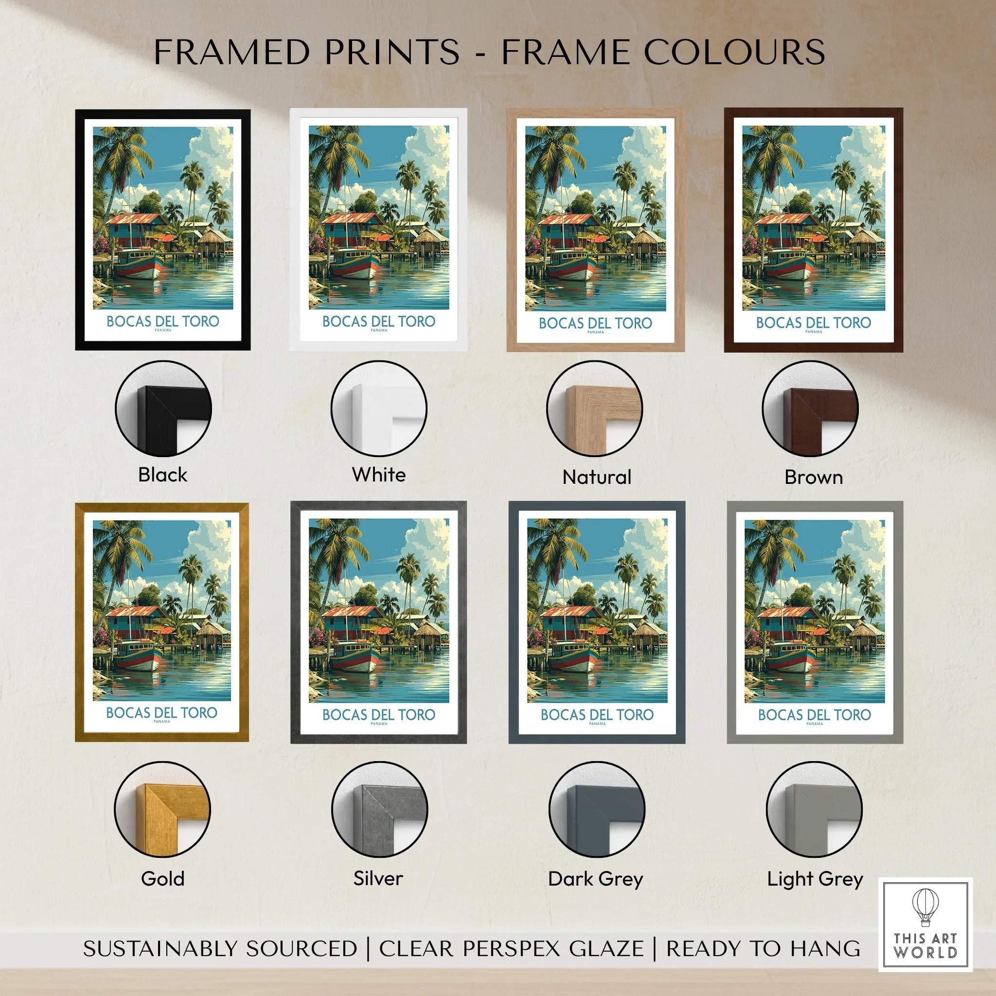 Bocas del Toro travel poster in various frame colors for home decor