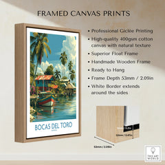 Bocas del Toro Panama travel poster with palm trees, colorful boats, and waterfront houses in a wooden frame