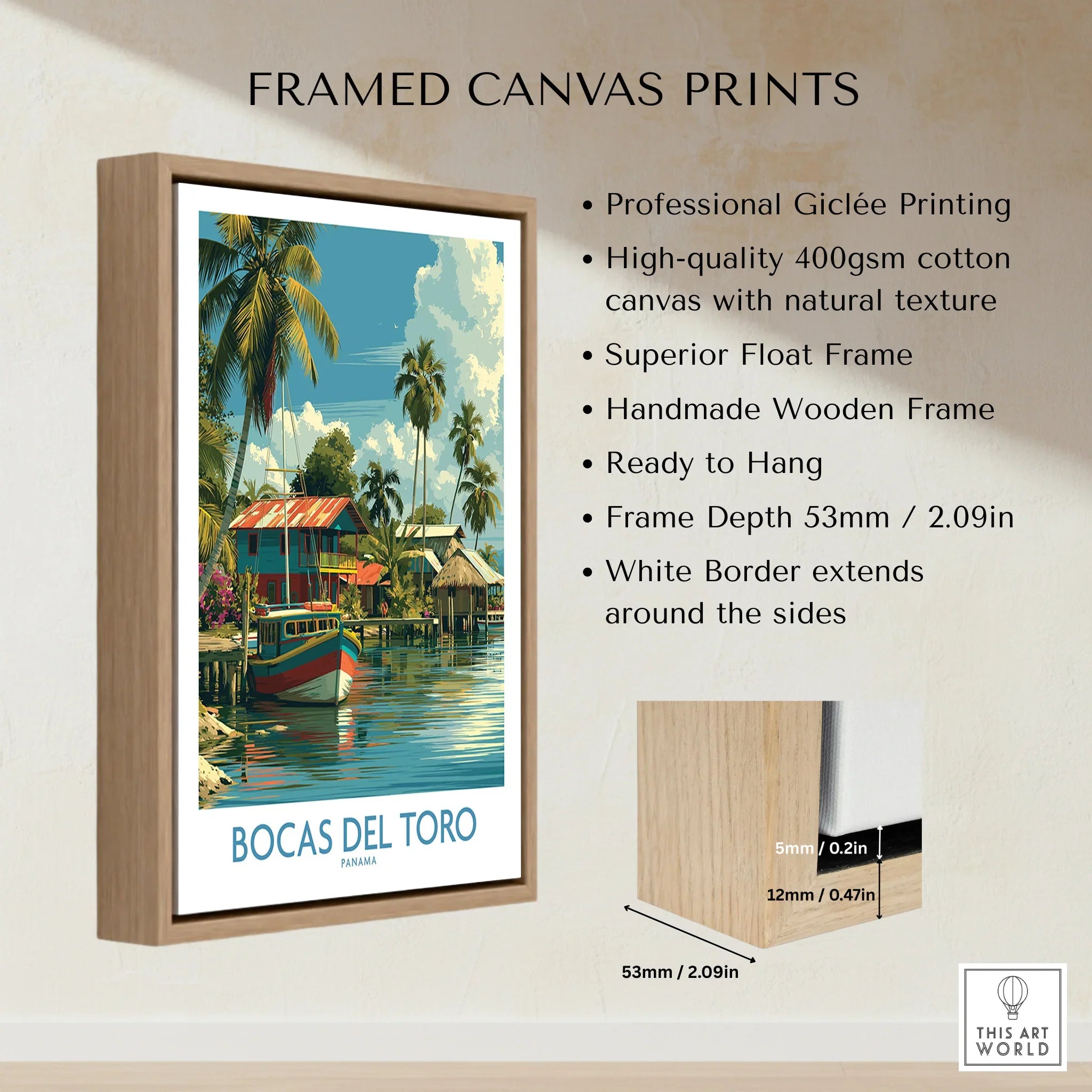 Bocas del Toro Panama travel poster with palm trees, colorful boats, and waterfront houses in a wooden frame