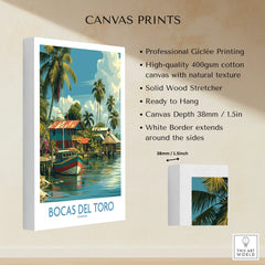 Bocas del Toro Panama travel poster with palm trees, colorful boats, and tropical houses on canvas.