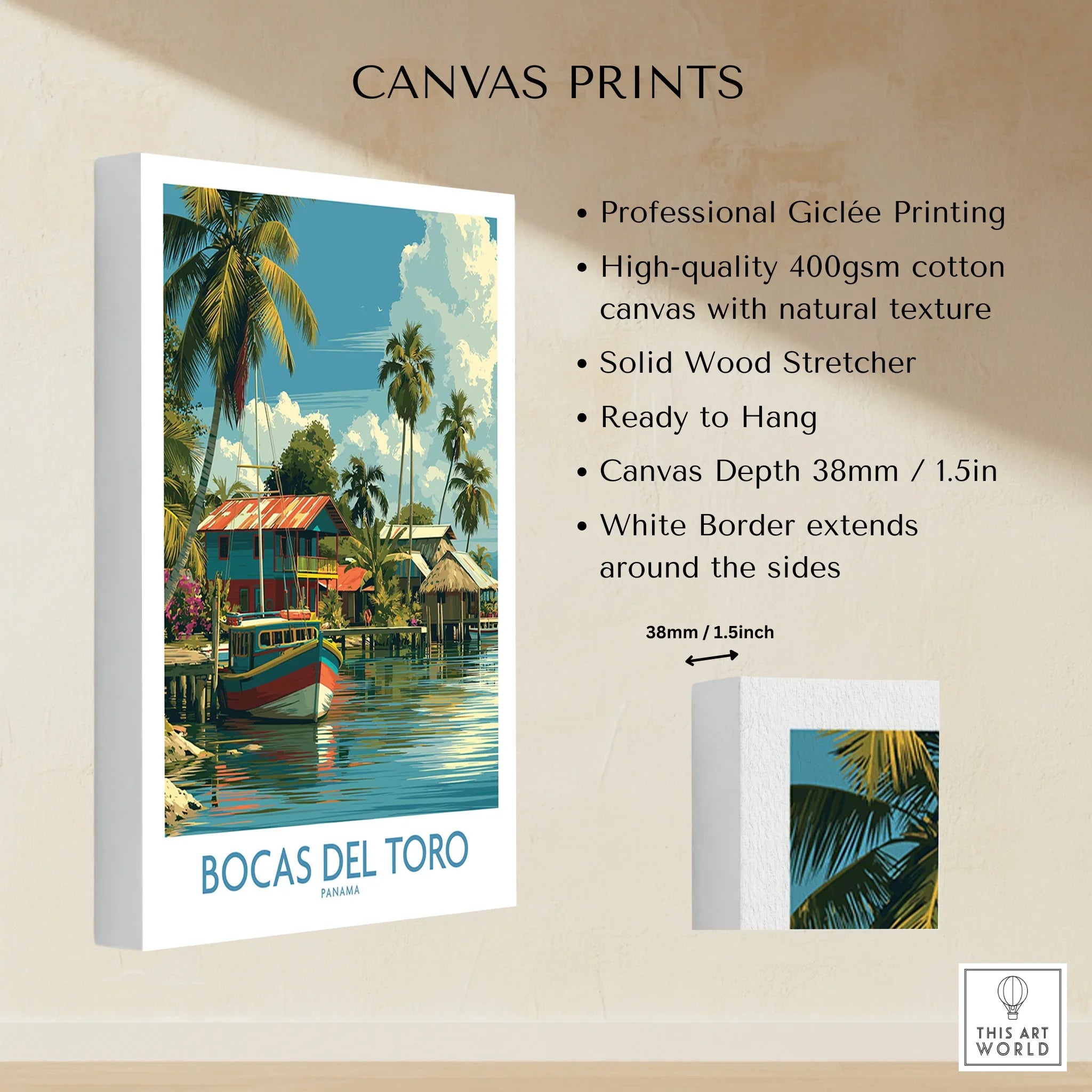 Bocas del Toro Panama travel poster with palm trees, colorful boats, and tropical houses on canvas.