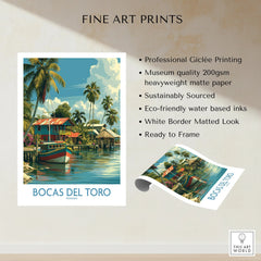 Bocas del Toro Panama travel poster with tropical palm trees, colorful boats, and waterfront houses, fine art print ready to frame