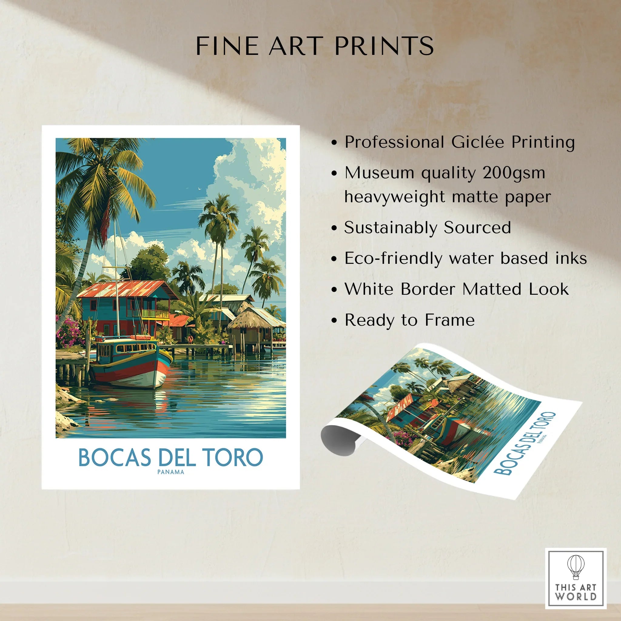 Bocas del Toro Panama travel poster with tropical palm trees, colorful boats, and waterfront houses, fine art print ready to frame