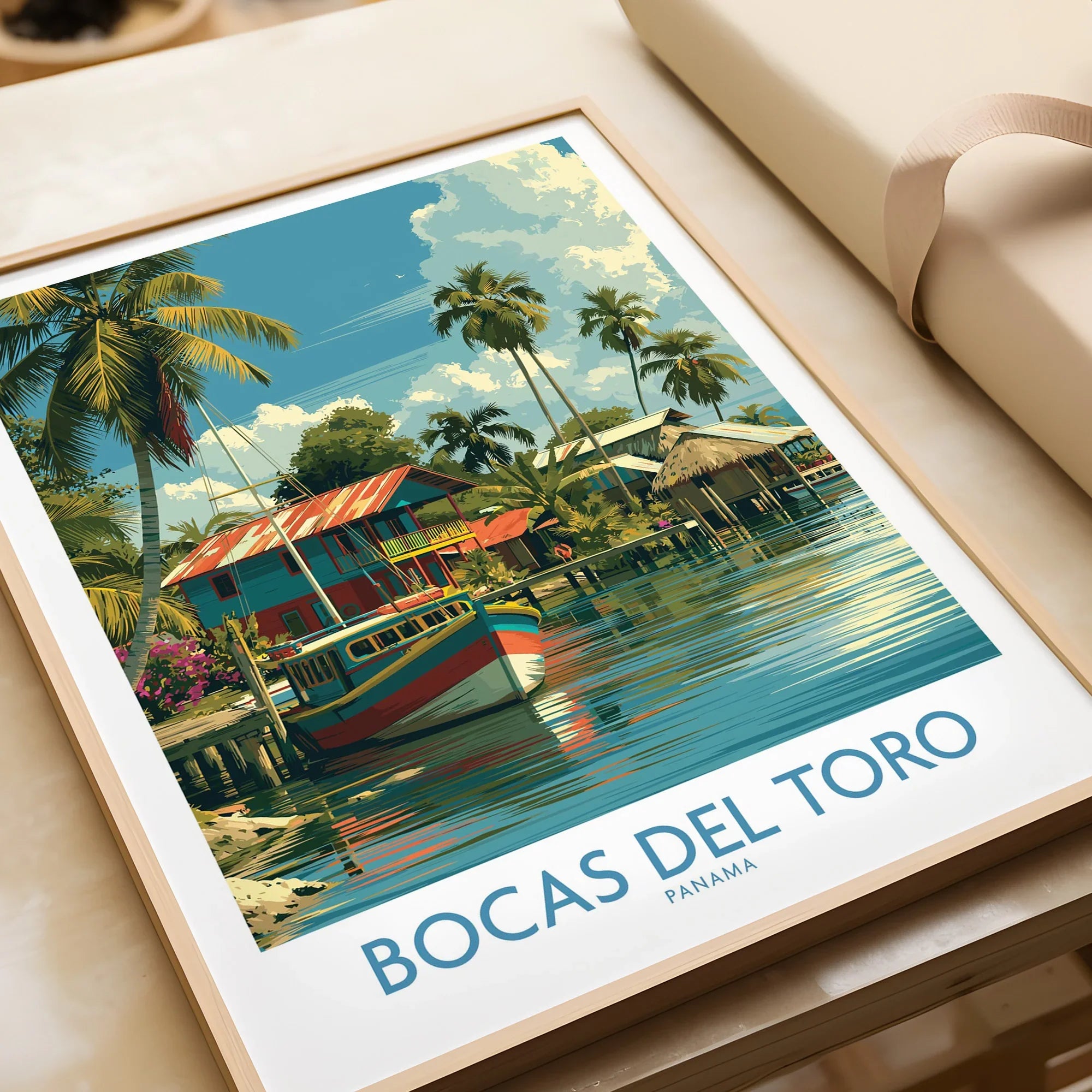 Bocas del Toro Panama travel poster with tropical palm trees, colorful boats, and waterfront cabins for wall art decor