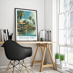 Bocas del Toro Panama travel poster with palm trees, colorful boats, and tropical homes, perfect wall art for home decor.