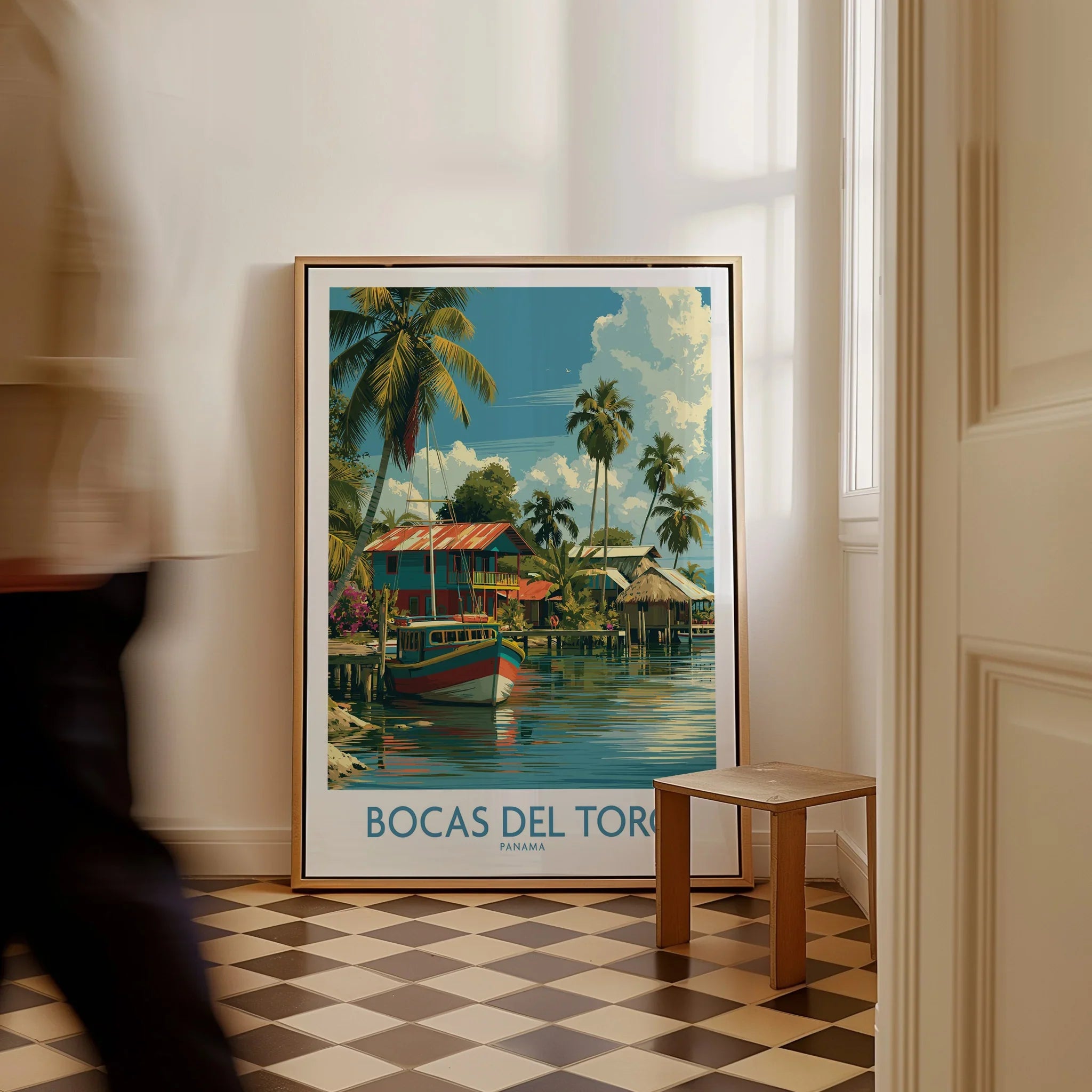 Bocas del Toro Panama travel poster with palm trees, colorful boats, and tropical houses for wall art decor