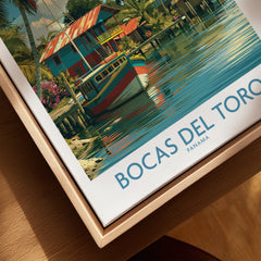 Bocas del Toro Panama travel poster with colorful boats and tropical houses on water