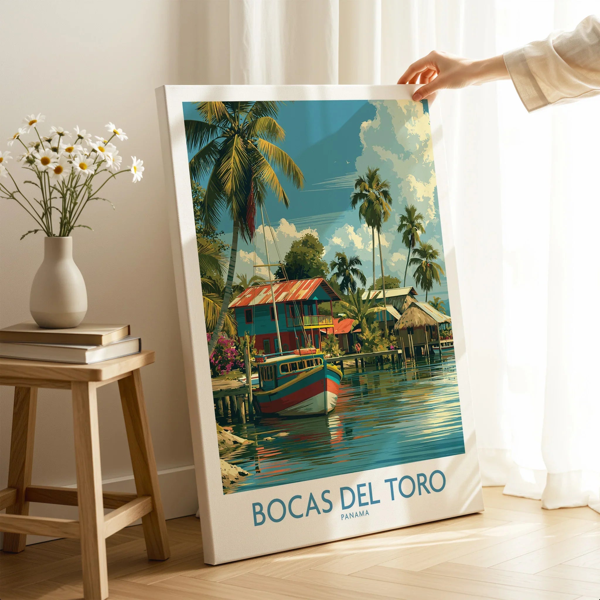Bocas del Toro Panama travel poster with colorful houses, palm trees, and boats for home decor