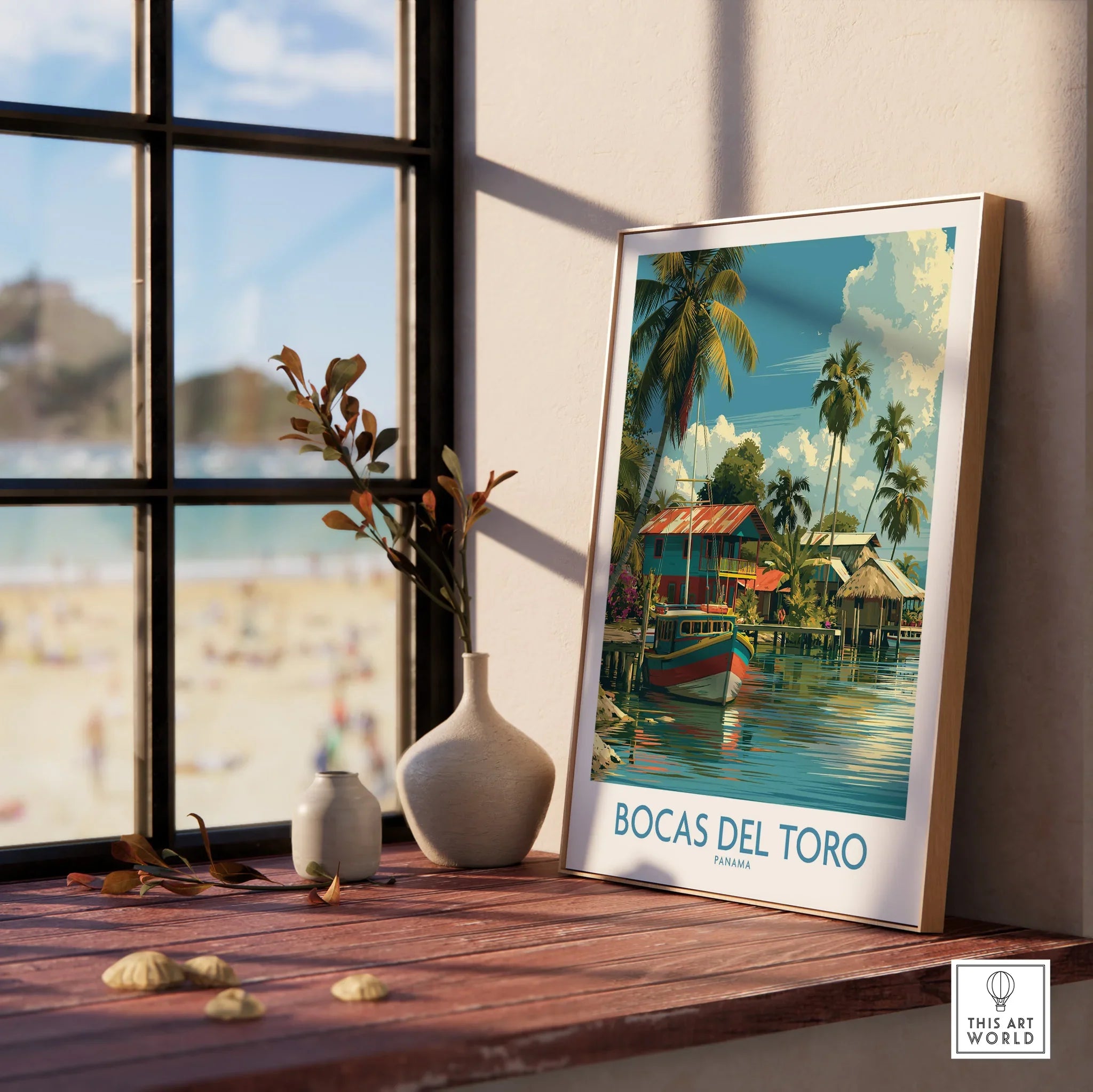 Bocas del Toro Panama travel poster with palm trees, colorful boats, and tropical houses by the water.