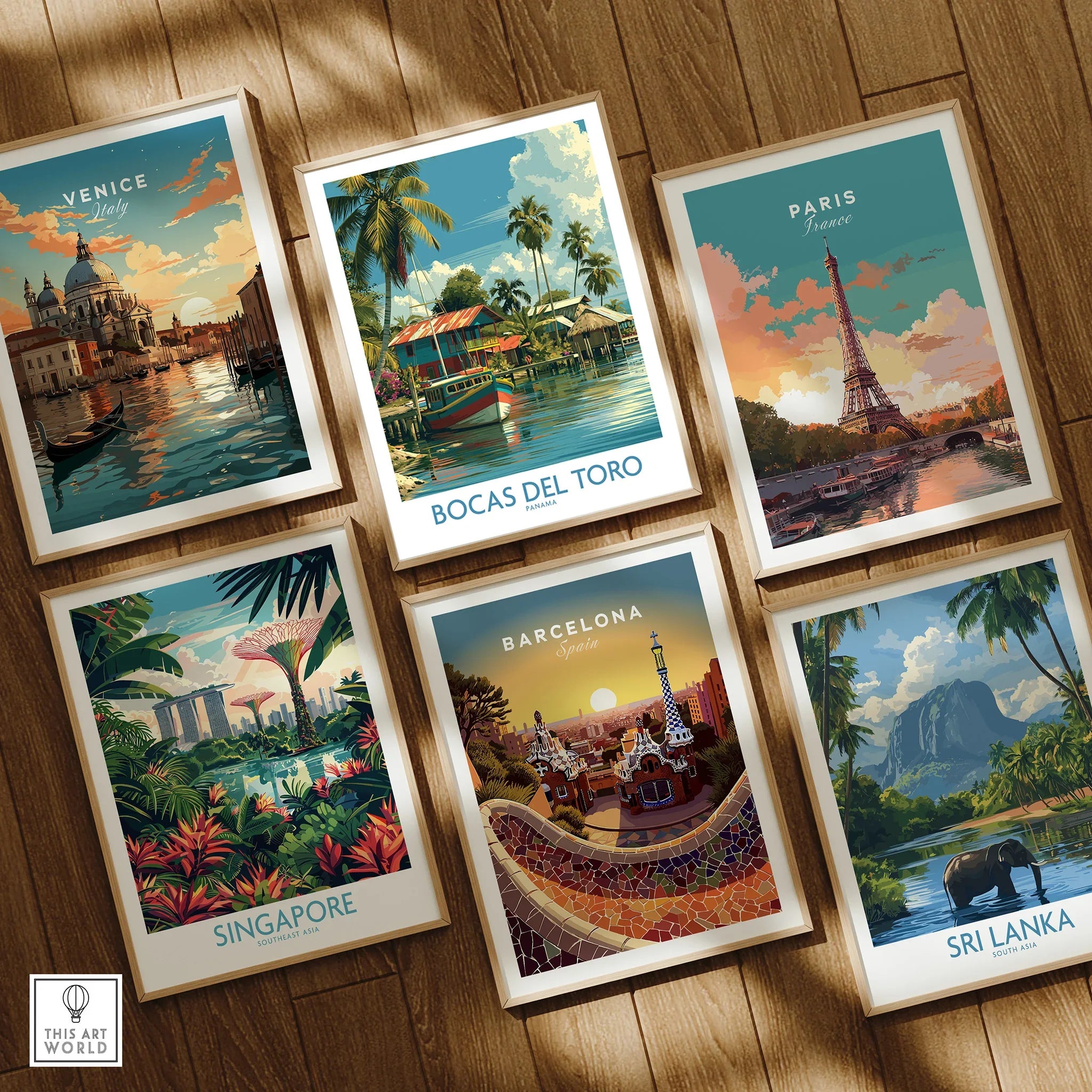 Framed travel posters of Venice, Paris, Singapore, Barcelona, Sri Lanka, and Bocas del Toro for wall art decor
