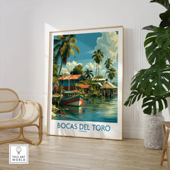 Bocas del Toro Panama travel poster with colorful boats, palm trees, and tropical houses