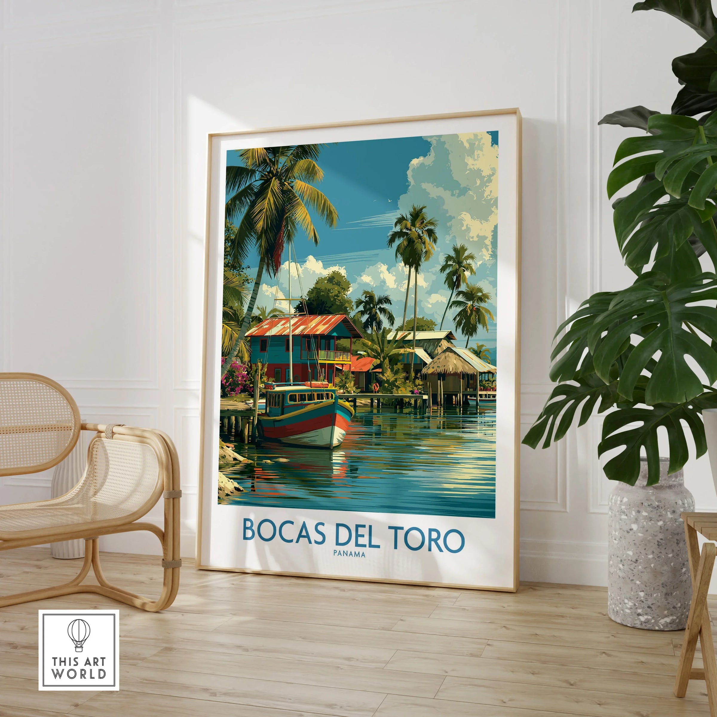 Bocas del Toro Panama travel poster with colorful boats, palm trees, and tropical houses