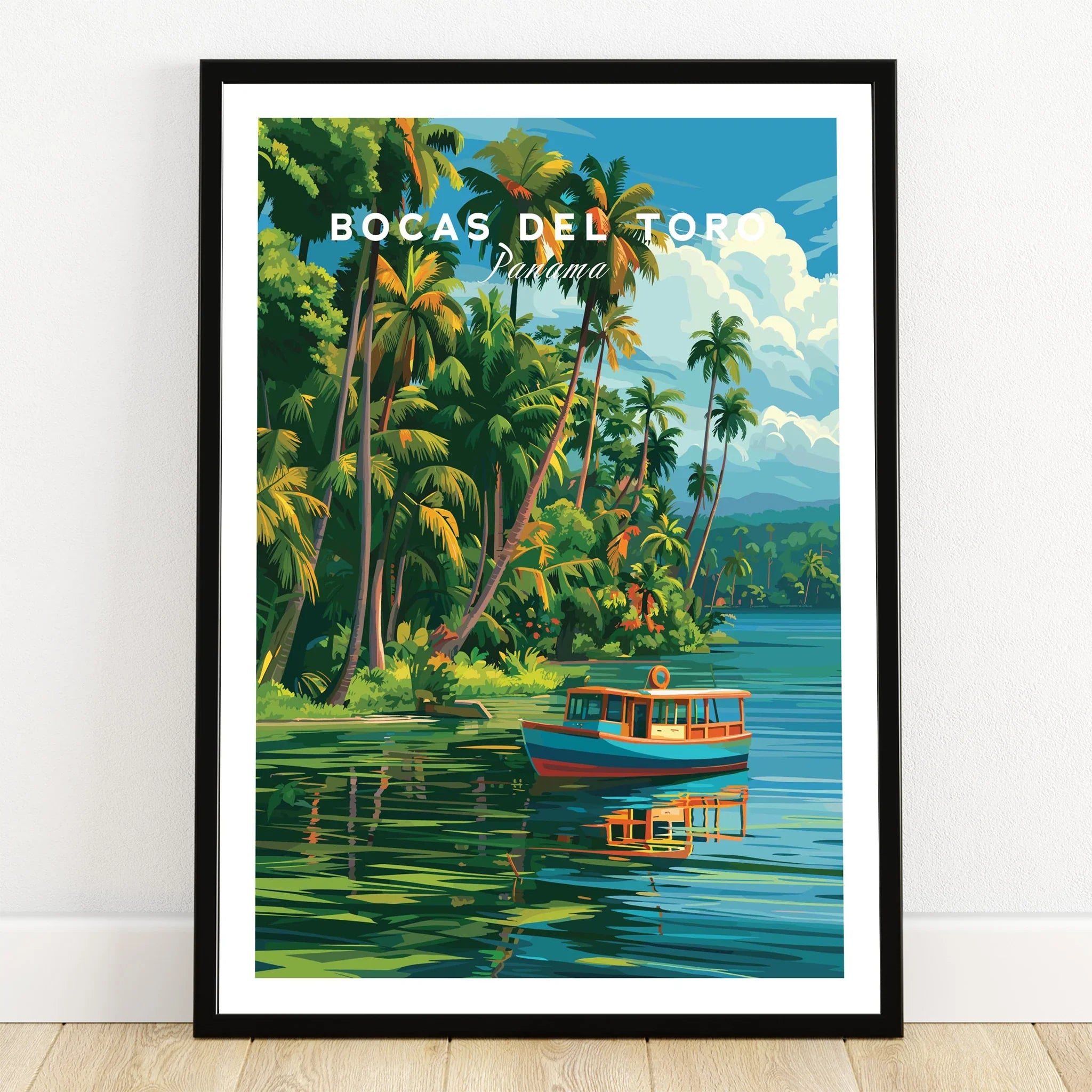 Bocas del Toro Panama travel poster with tropical palm trees, blue water, and a boat, perfect for wall art decor.